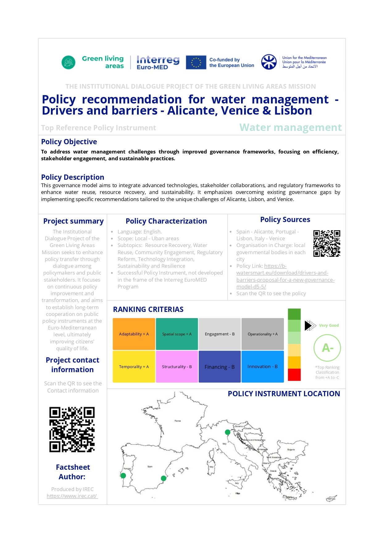 Policy recommendation for water management Drivers and barriers - Alicante, Venice & Lisbon